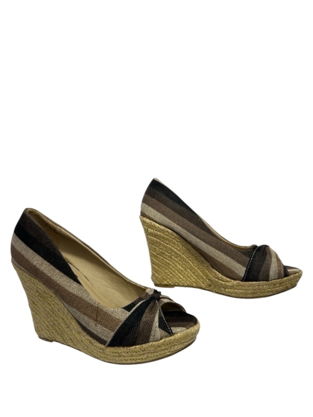 Rue21 ETC Brown Beige Stripe Jute Platform Peep Toe Wedge Womens size 8 9 Large